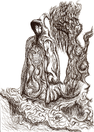 A fully robed figure, wearing a plain full face mask, standing beneath a gnarled tree. Their robes have the emblem of a harp on the chest.